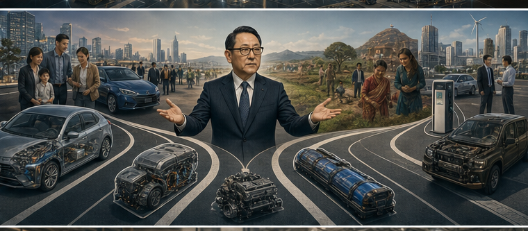 Akio Toyoda presenting Toyota's diversified hybrid battery and engine strategy