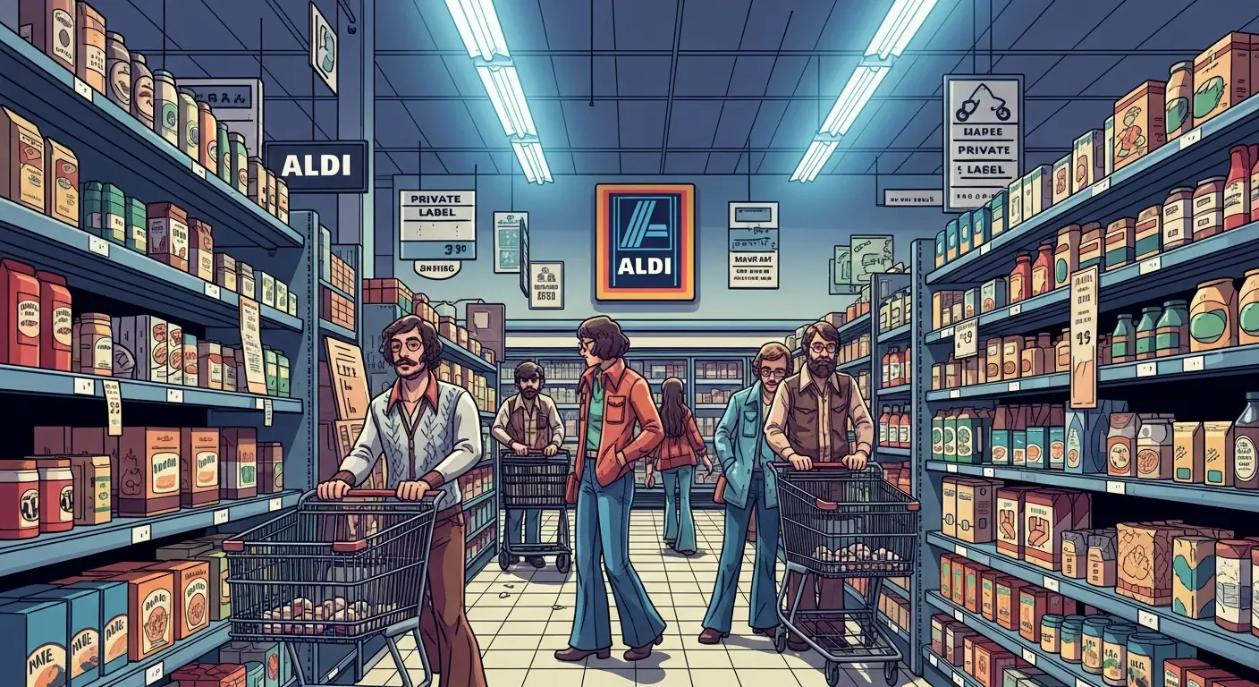A vintage Aldi store aisle from the 1970s, featuring prominently displayed private label products with minimalist packaging, a few shoppers in retro clothing, and stark fluorescent lighting.