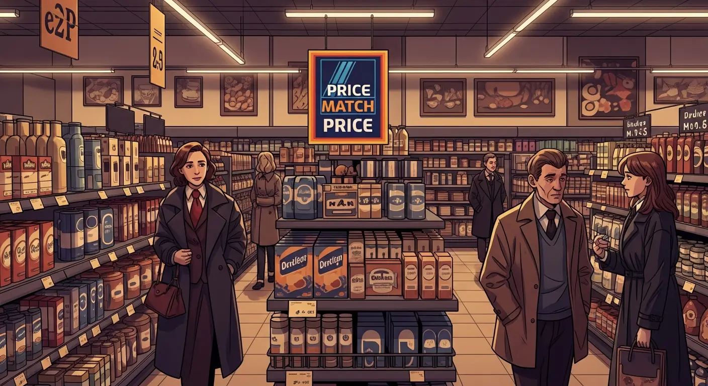 A bustling, modern supermarket aisle with many branded products, but a visible "Price Match" or "Aldi Price" sign, showing the influence of discounters on traditional retailers.