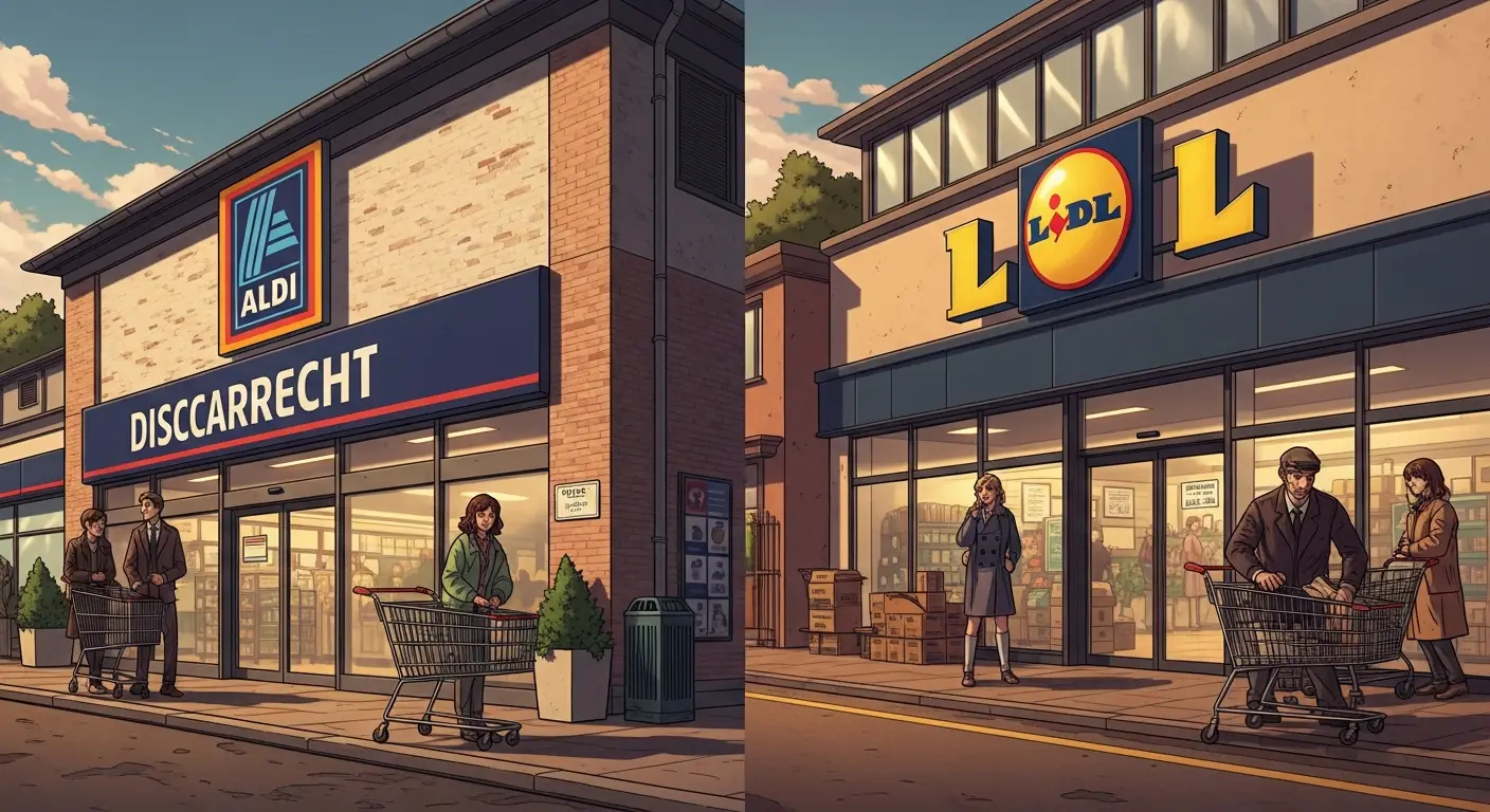 A split image showing two distinct but similar discount supermarket facades, one clearly Aldi, the other Lidl, with shopping carts outside each, suggesting competition.