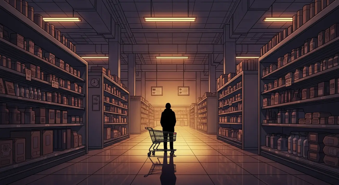 A solitary, dark silhouette of a figure standing in a vast, empty supermarket aisle, with a spotlight subtly illuminating a single shopping cart, symbolizing the quiet departure of the founders and the enduring, anonymous legacy.