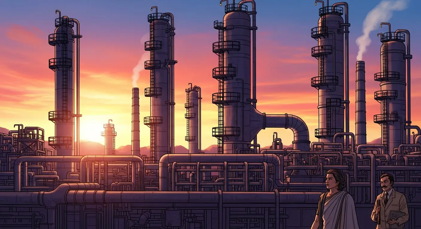 A sleek, modern petrochemical refinery at sunset, with intricate pipes and towers silhouetted against a vibrant sky, symbolizing advanced industrial might.