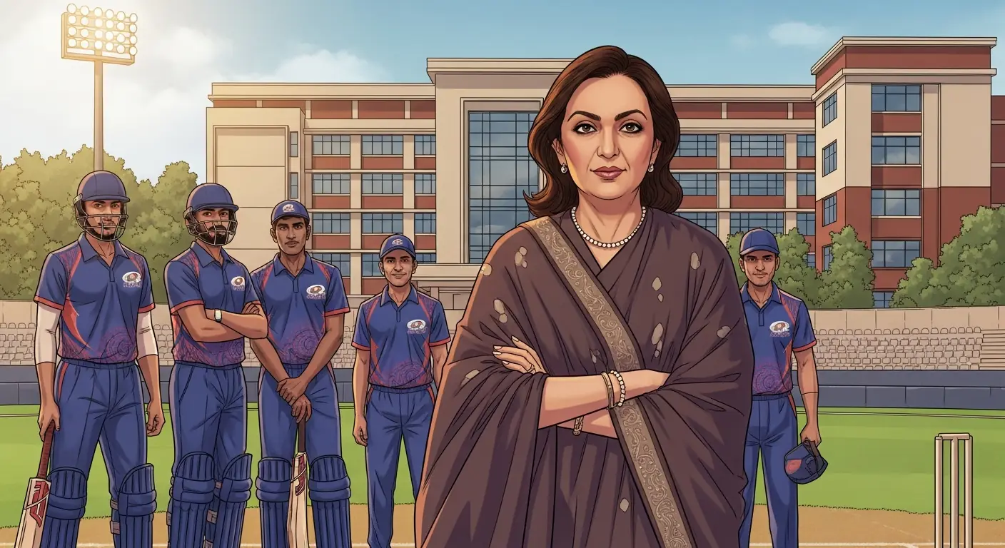 Nita Ambani, elegant and poised, standing on a cricket field next to the Mumbai Indians team, radiating quiet strength and leadership, with a backdrop of a modern school building.