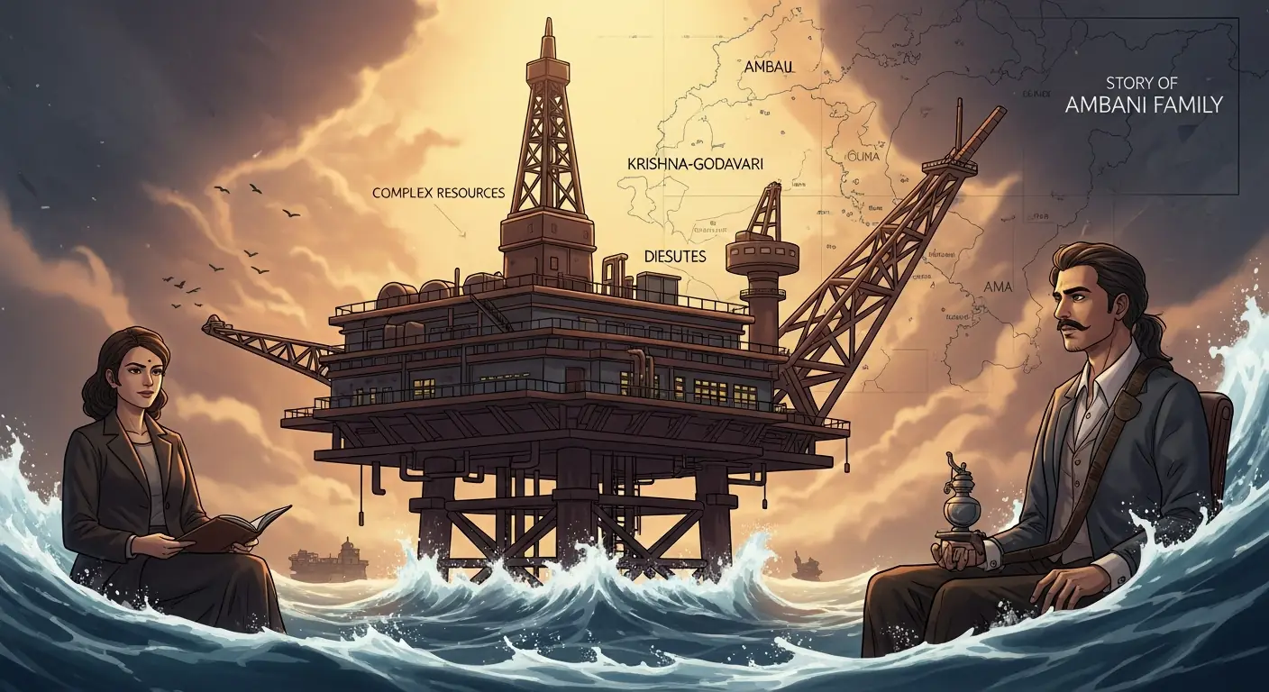 A dramatic, slightly ominous rendering of an offshore gas platform in turbulent waters, with a faint map of the Krishna-Godavari Basin overlaid, symbolizing complex resources and disputes.
