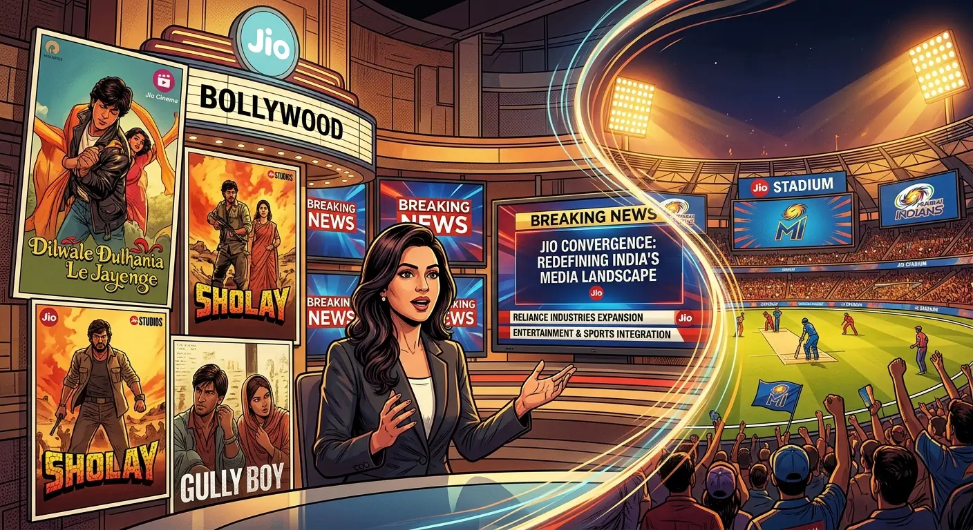 A vibrant, dynamic montage depicting iconic Bollywood movie posters, a news studio with screens displaying breaking news, and a sports arena, all subtly integrated with the Reliance Jio logo, symbolizing media convergence.