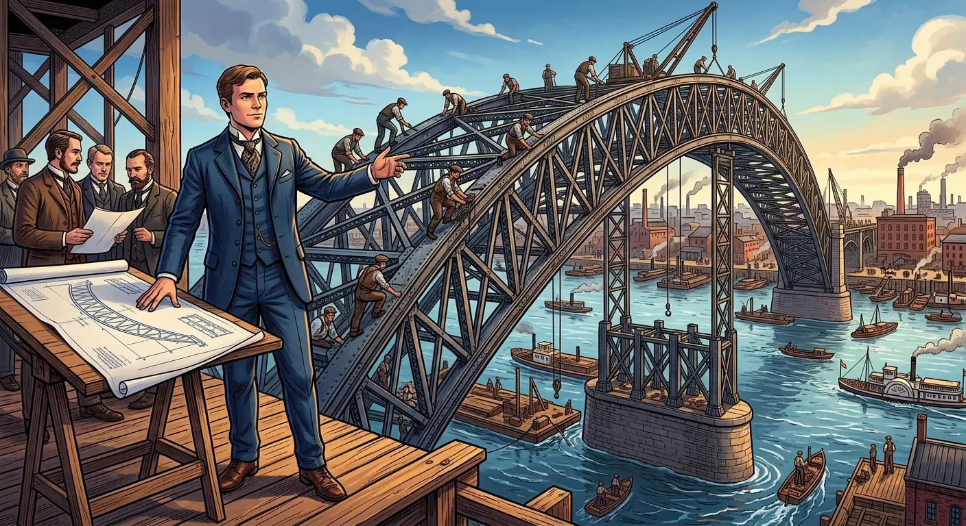 A detailed illustration of a massive iron truss bridge, likely the Eads Bridge, under construction with workers, with Andrew Carnegie, younger and confident, standing by a blueprint, overseeing the work.