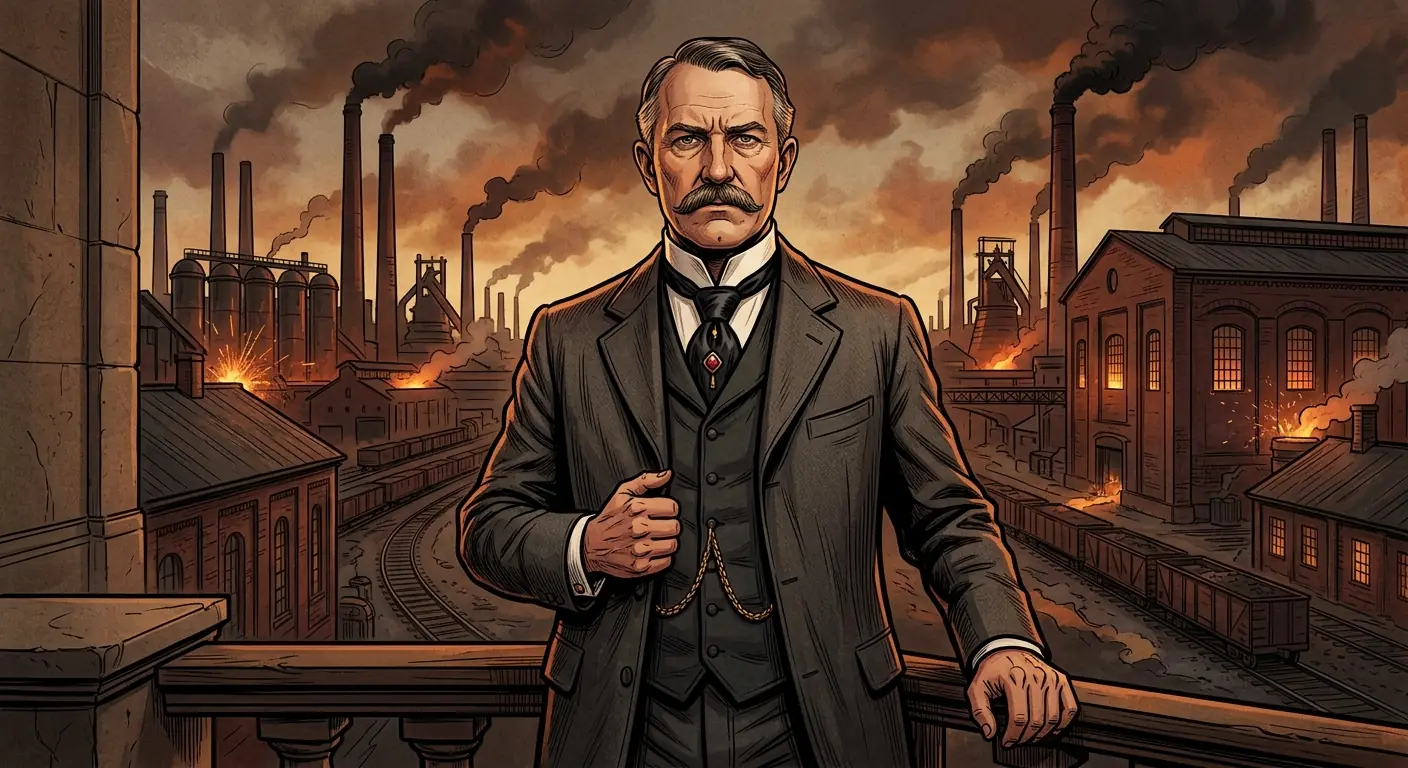 A stern portrait of Henry Clay Frick, looking determined and unyielding, perhaps standing in front of a backdrop subtly hinting at industrial might.