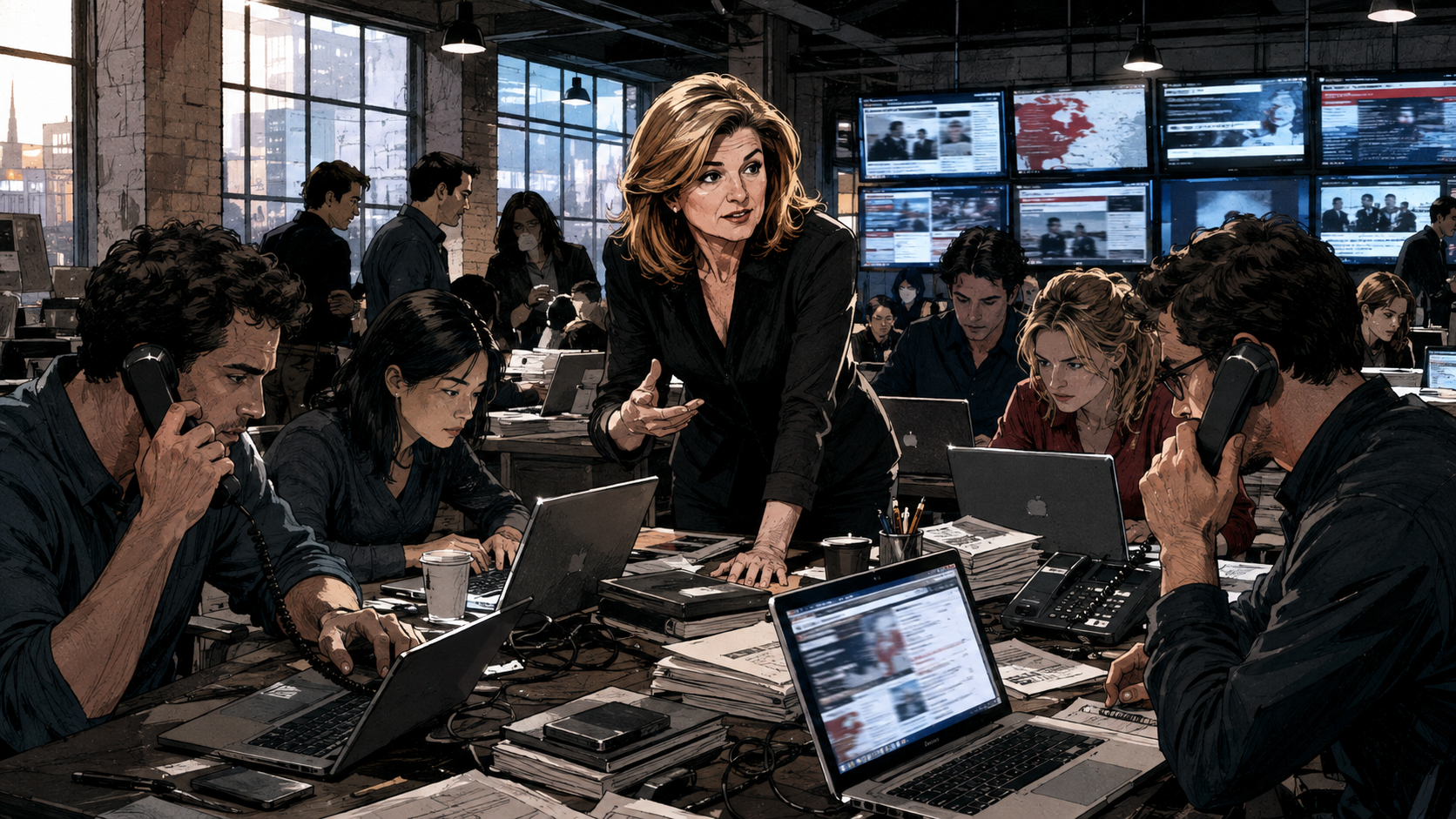 Arianna Huffington coordinating a small team inside a crowded 2005 digital newsroom