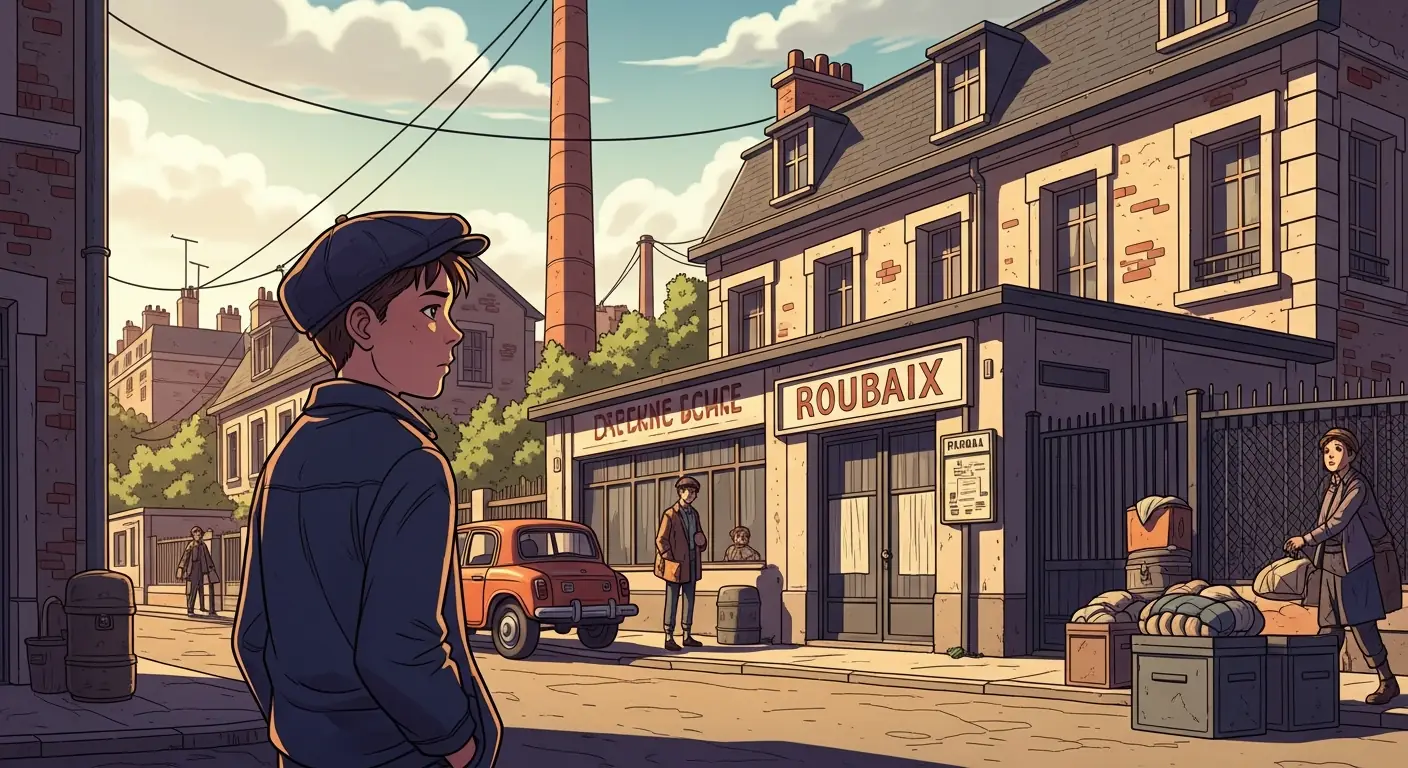 A young man studying engineering blueprints in a modest French industrial town