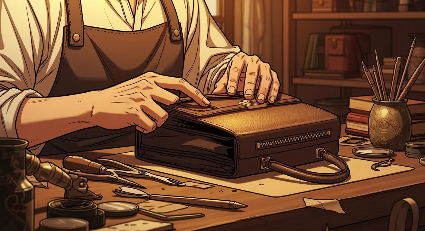 A master craftsman's hands carefully stitching leather in a luxury workshop