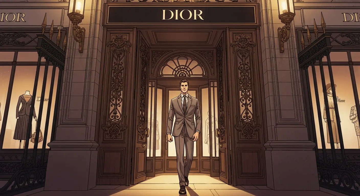 A businessman in a tailored suit walking through the doors of a Parisian fashion house