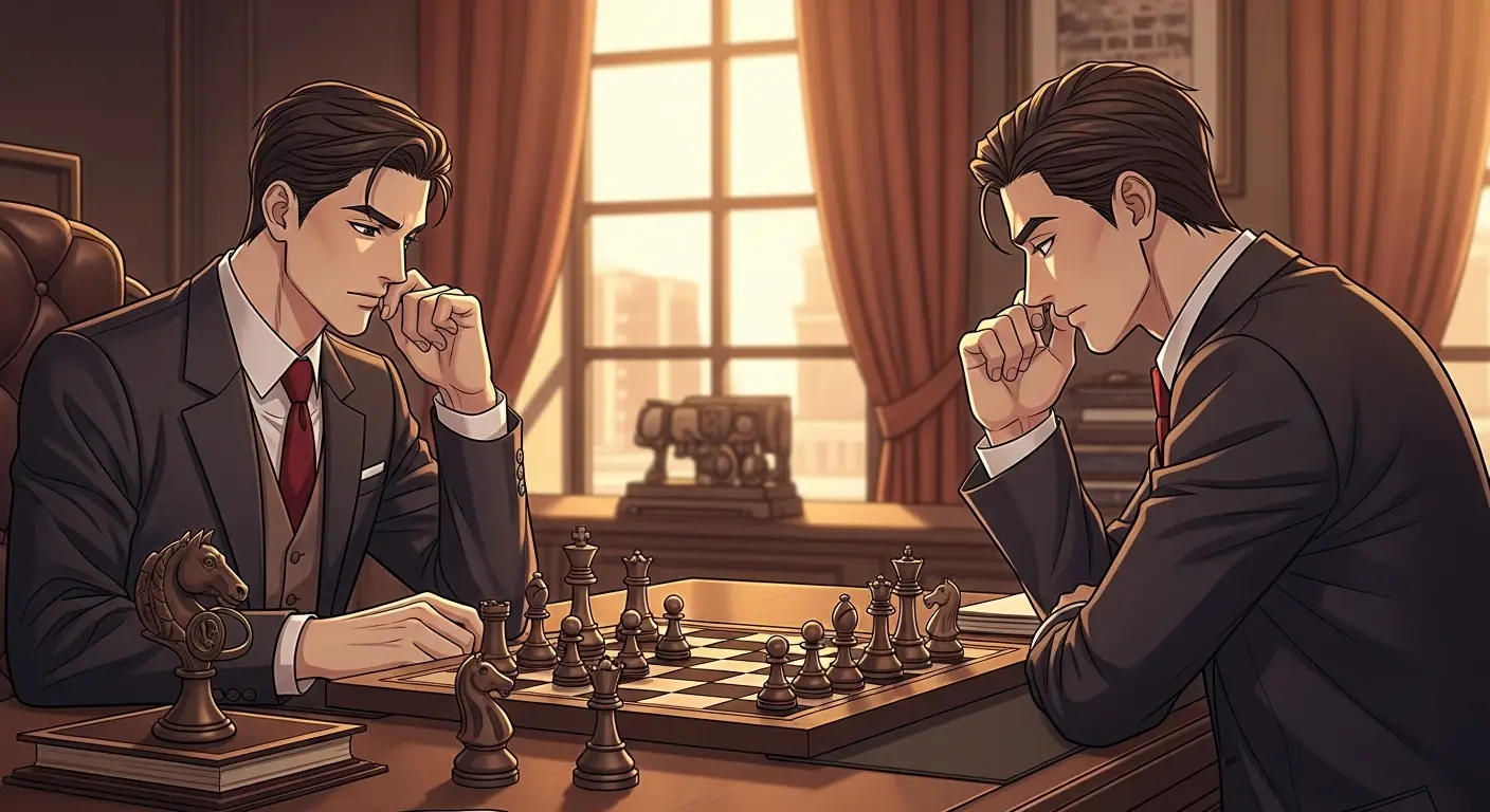 A chess board with luxury brand logos on the pieces, set in a Parisian boardroom