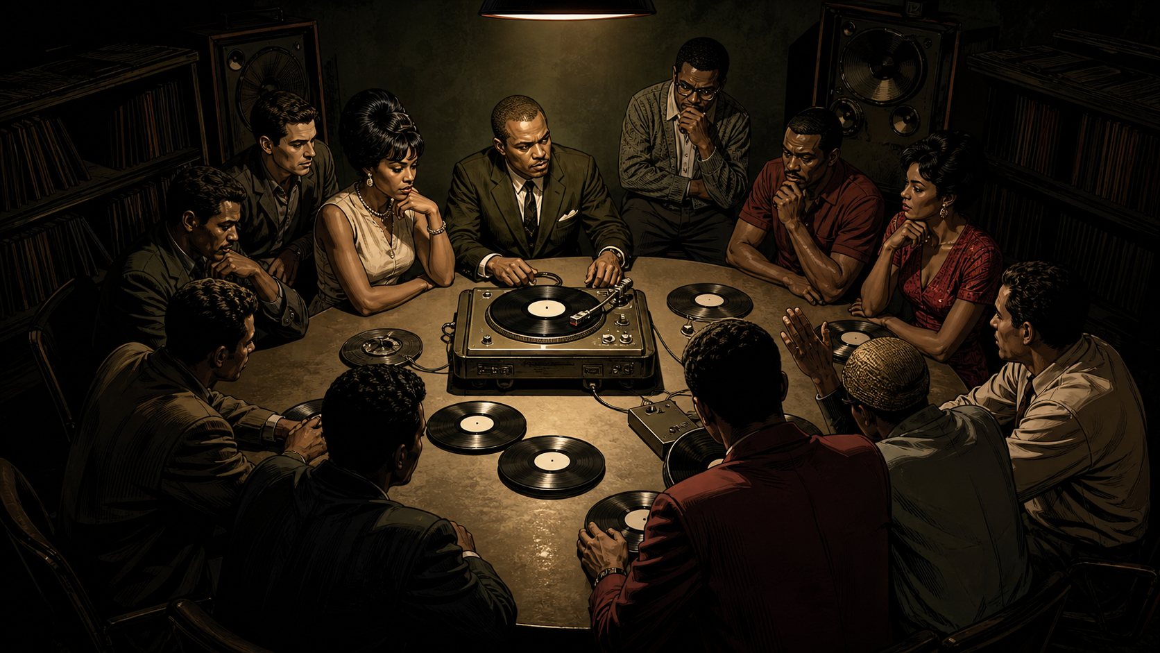 A tense Motown quality-control meeting as Berry Gordy and the creative team compare acetate records under dramatic studio light