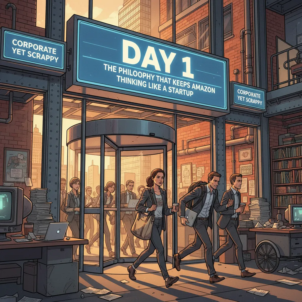 The 'Day 1' sign at Amazon headquarters — a reminder that urgency never expires