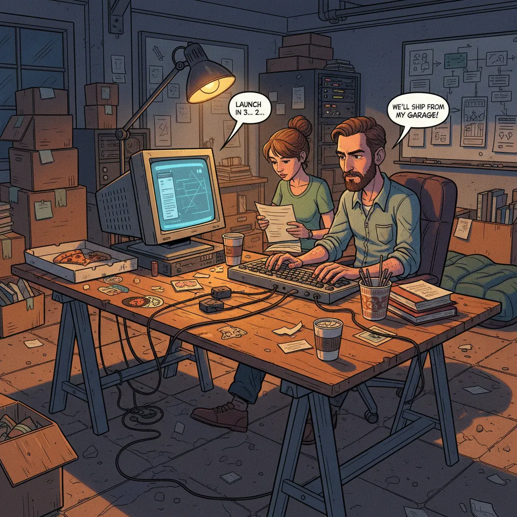 A simple wooden door laid flat on sawhorses serving as a desk, with a computer on top