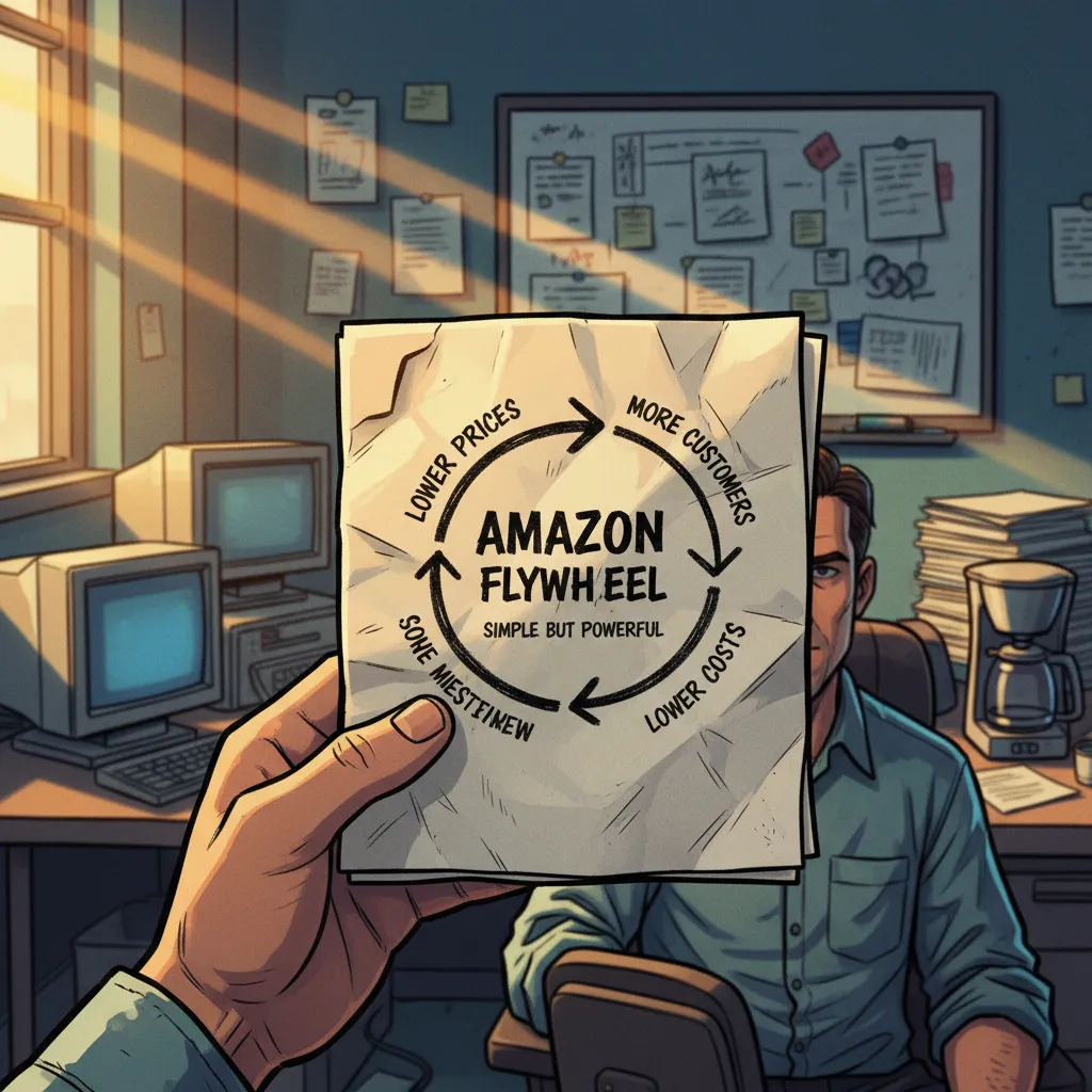 Bezos's famous napkin sketch — the Amazon flywheel showing how growth feeds itself