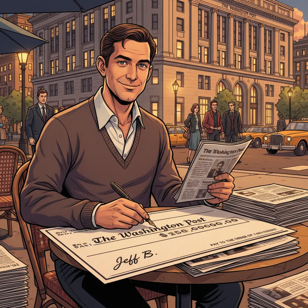 The Washington Post building with Bezos's silhouette visible in a top-floor window