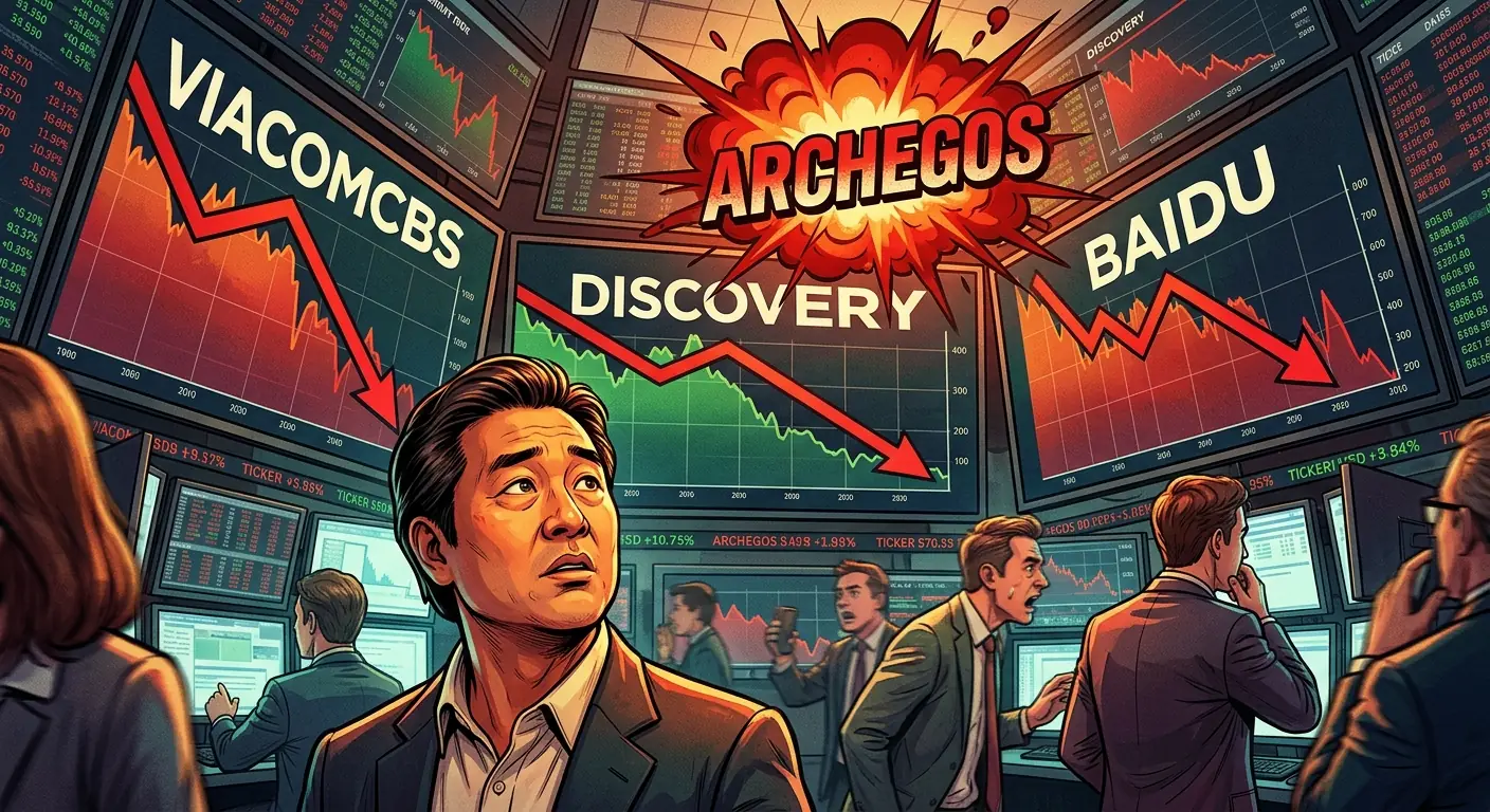 Stock market charts showing precipitous drops for ViacomCBS, Discovery, and Baidu, with a red "ARCHEGOS" explosion icon in the background