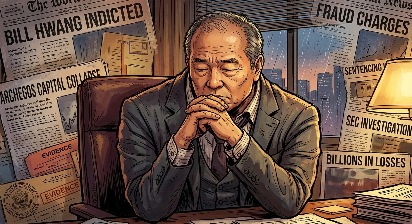 Bill Hwang in a pensive, contemplative pose, with blurred images of financial headlines and court documents in the background, symbolizing his uncertain future