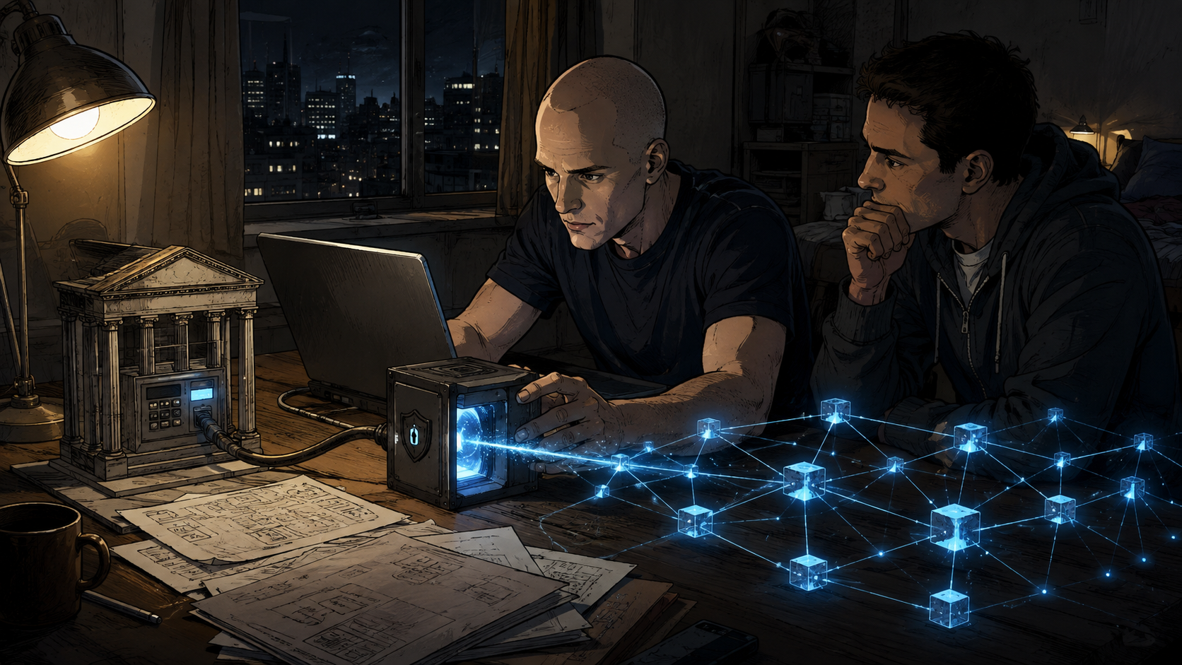 Brian Armstrong in a modest startup apartment connecting a bank interface to a glowing decentralized network through one carefully engineered gateway