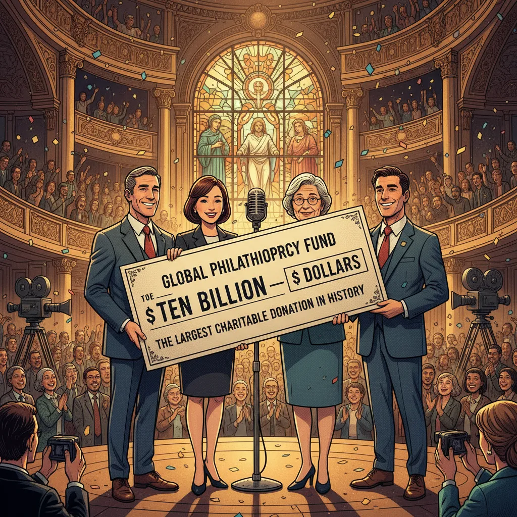 Buffett handing over a symbolic check representing billions in Berkshire stock to charity