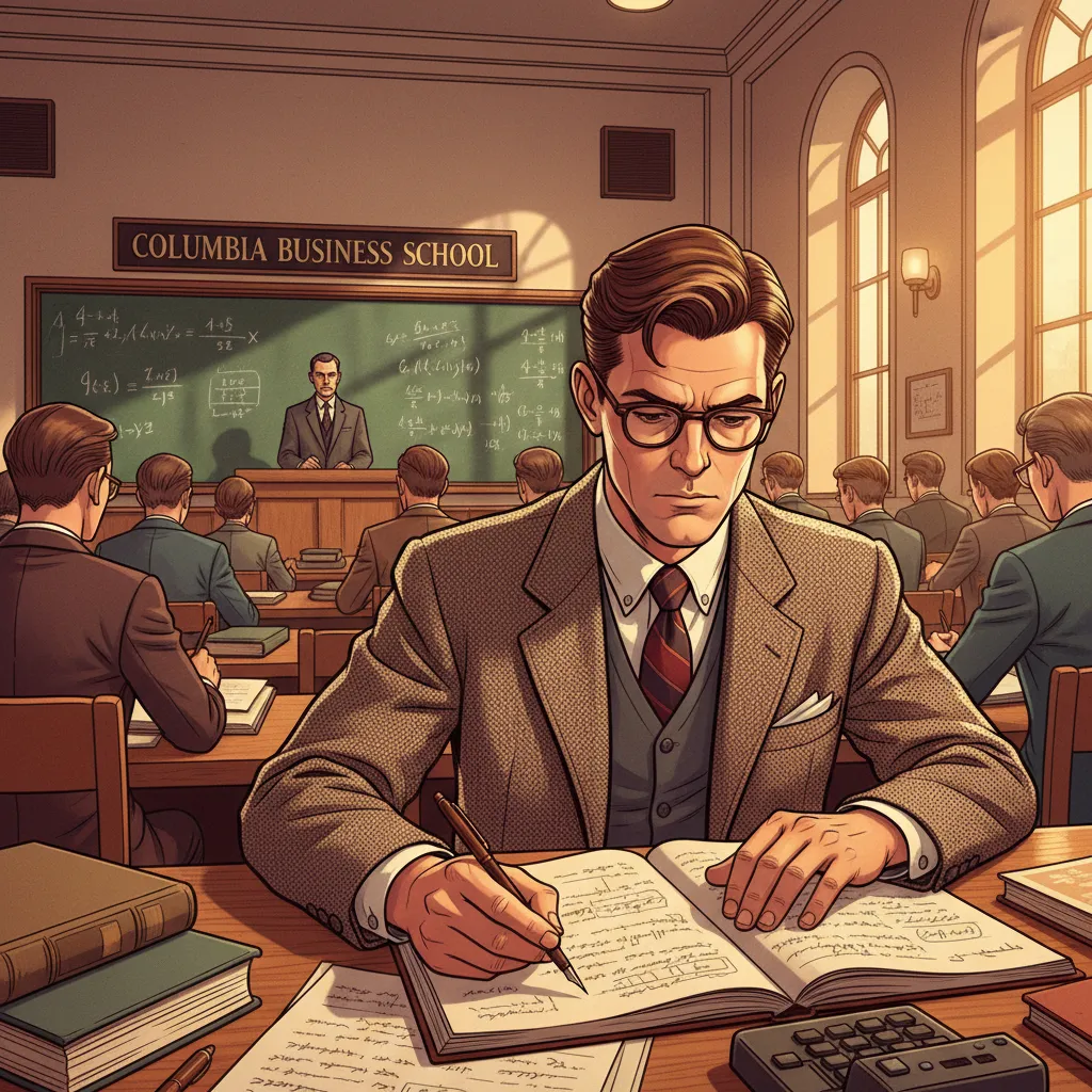 The gates of Columbia Business School in 1950s New York City