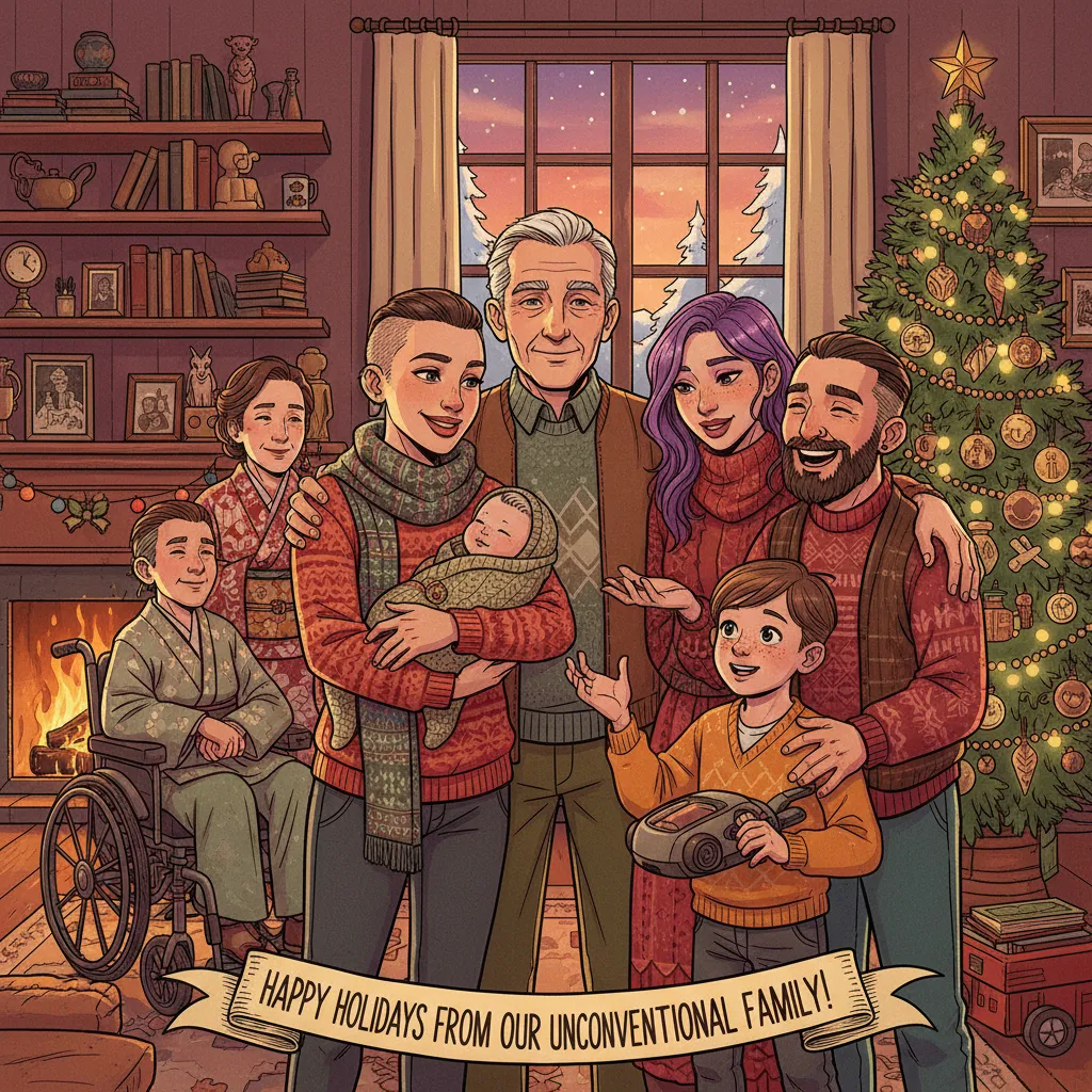 Three signatures on a holiday card — Warren, Susie, and Astrid — the unconventional family