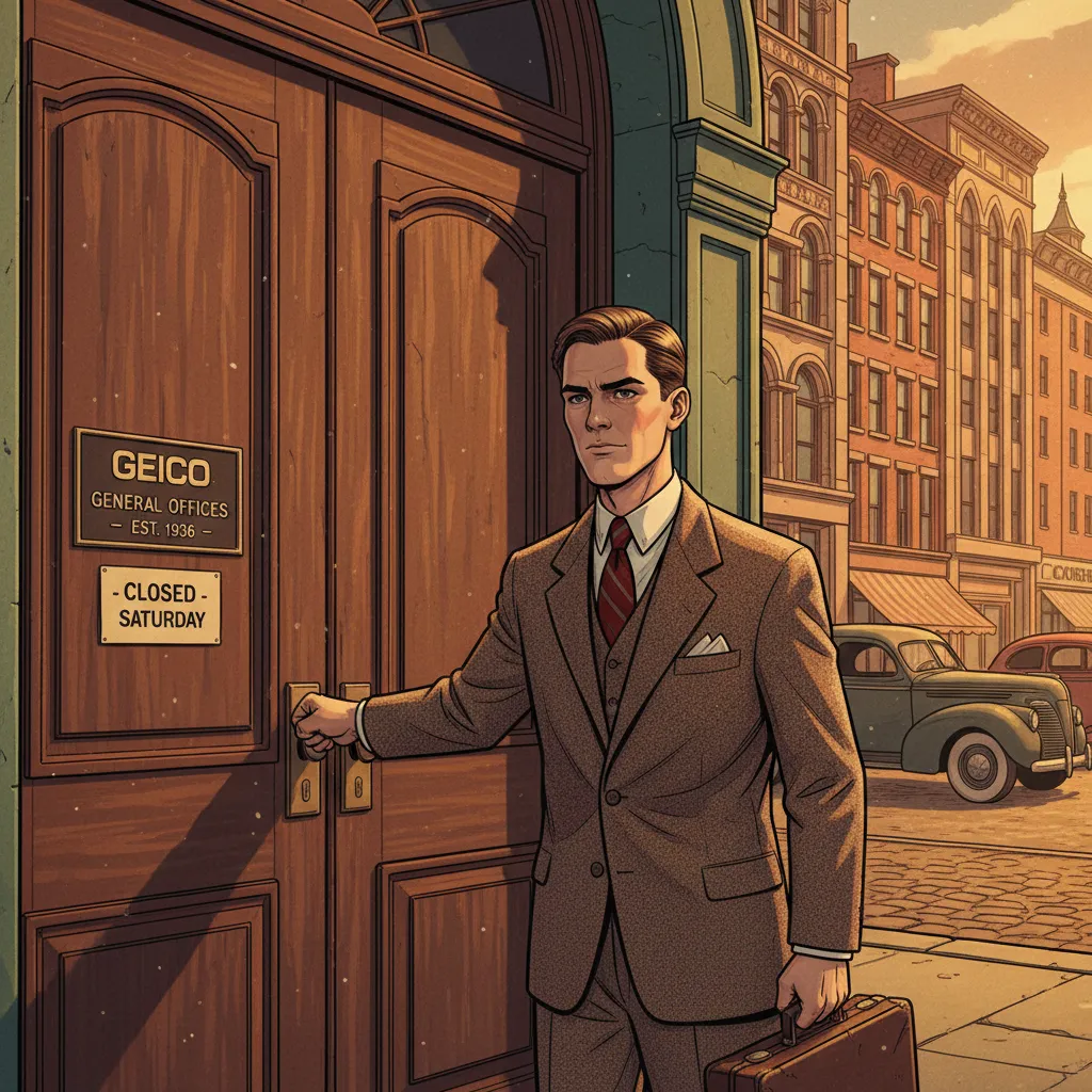 A young man knocking on the door of the GEICO headquarters on a Saturday morning in 1951