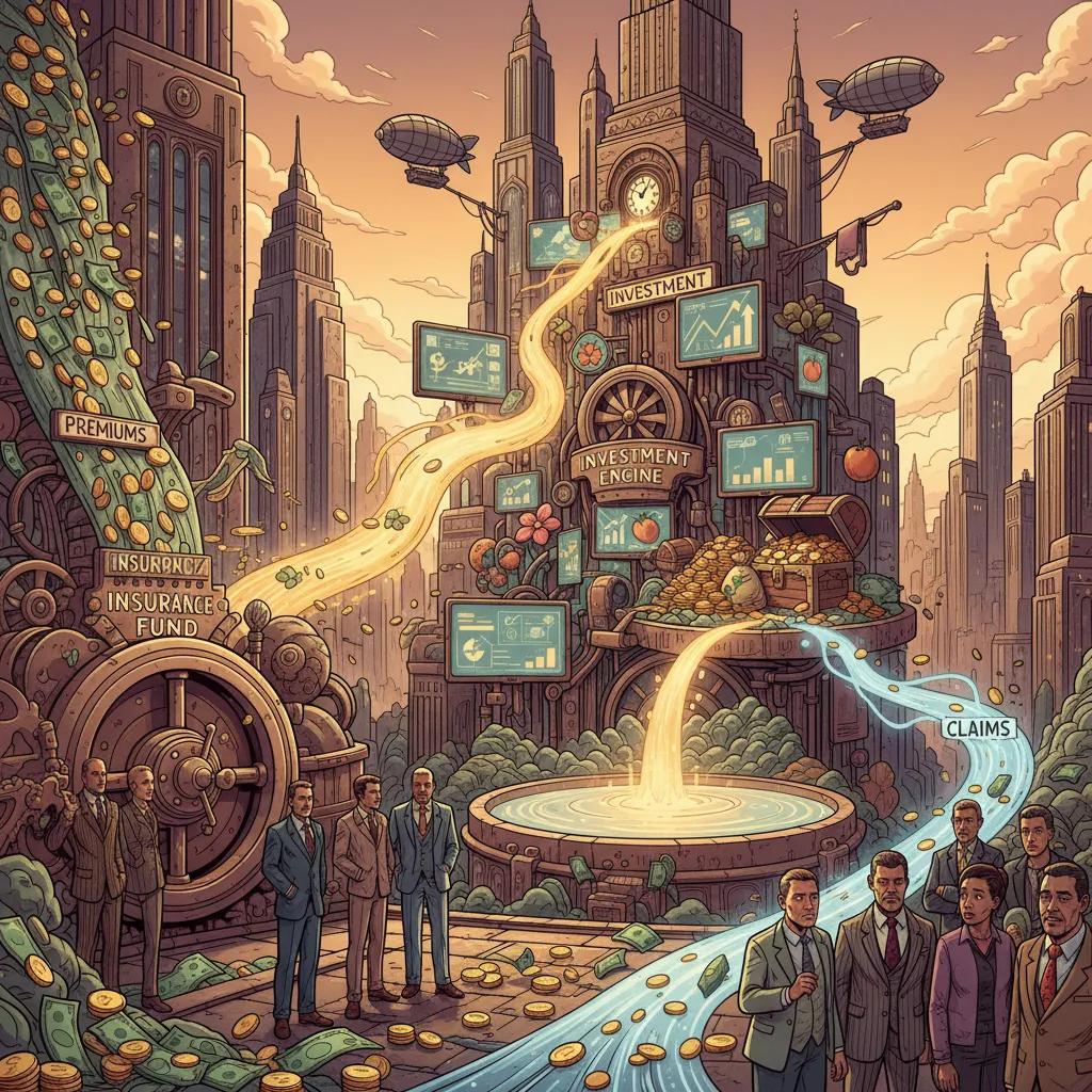 A diagram showing how insurance float works — premiums flowing in, investments growing, claims paid later