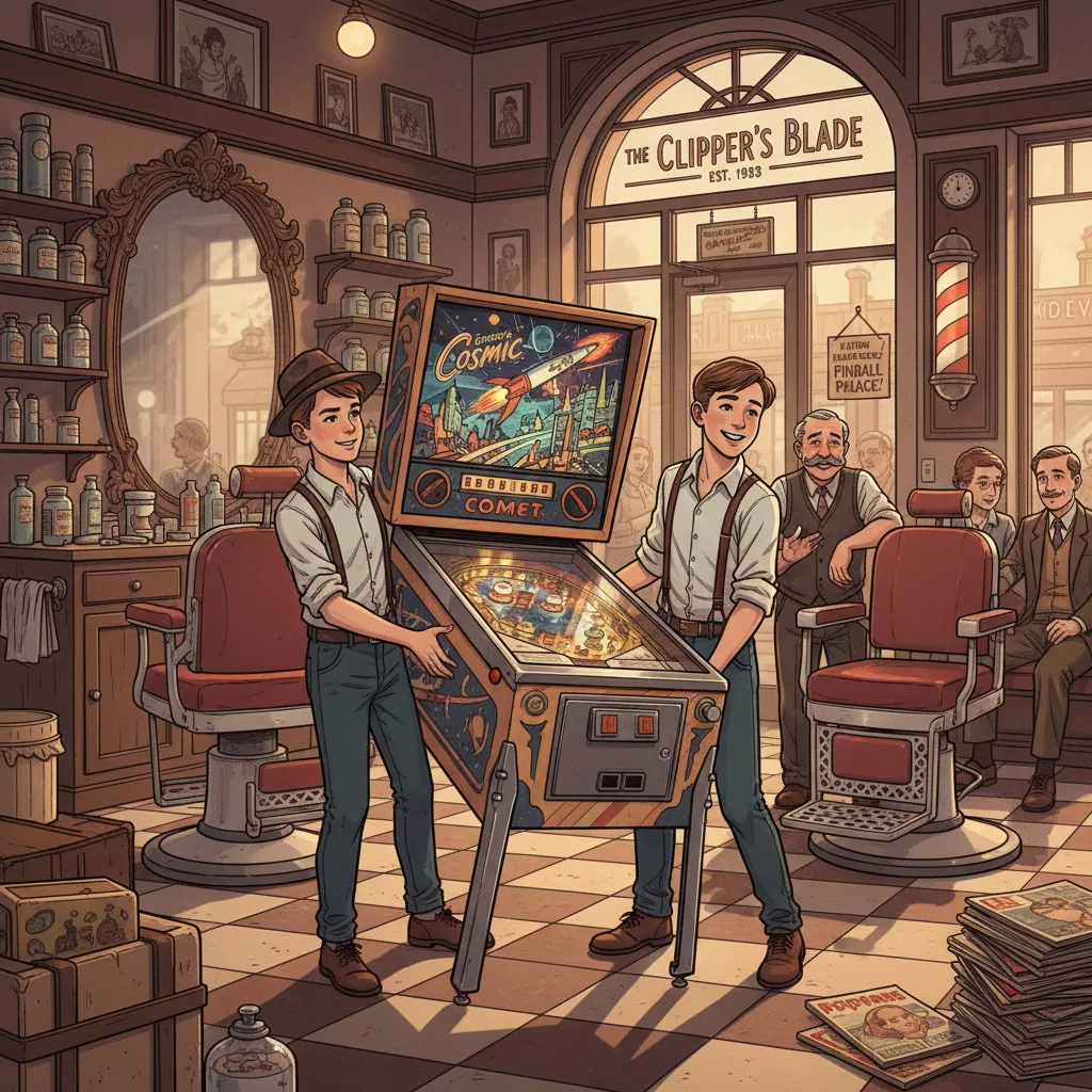 A vintage pinball machine in a 1940s barbershop with coins stacked beside it