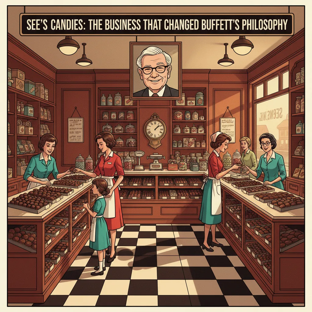 A vintage See's Candies storefront with customers lining up to buy chocolates