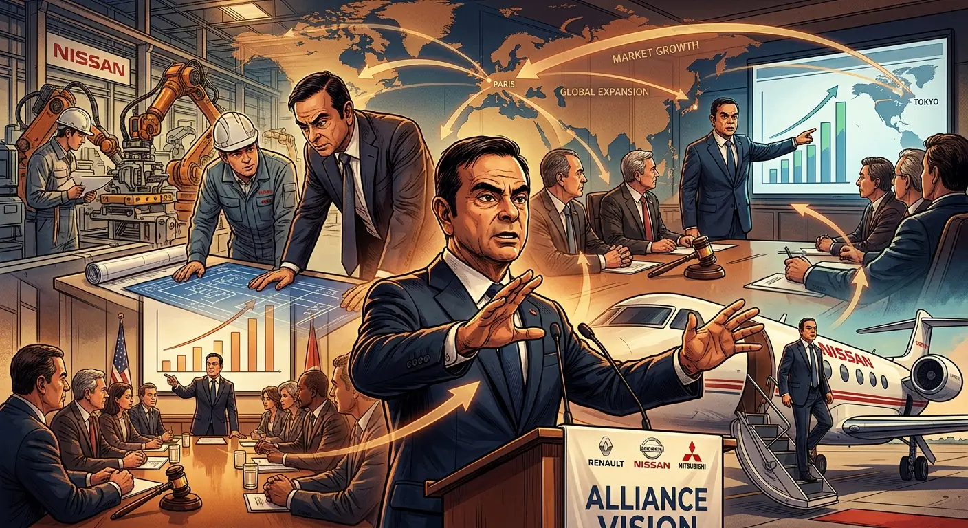 A dramatic, multi-exposure image of Carlos Ghosn, showing his focused intensity in various leadership settings, overlaid with subtle arrows indicating global market expansion.