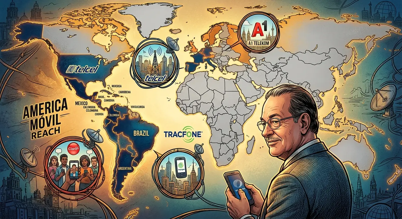 A world map with various countries highlighted, representing America Movil's international reach, with smaller inserts of phone logos