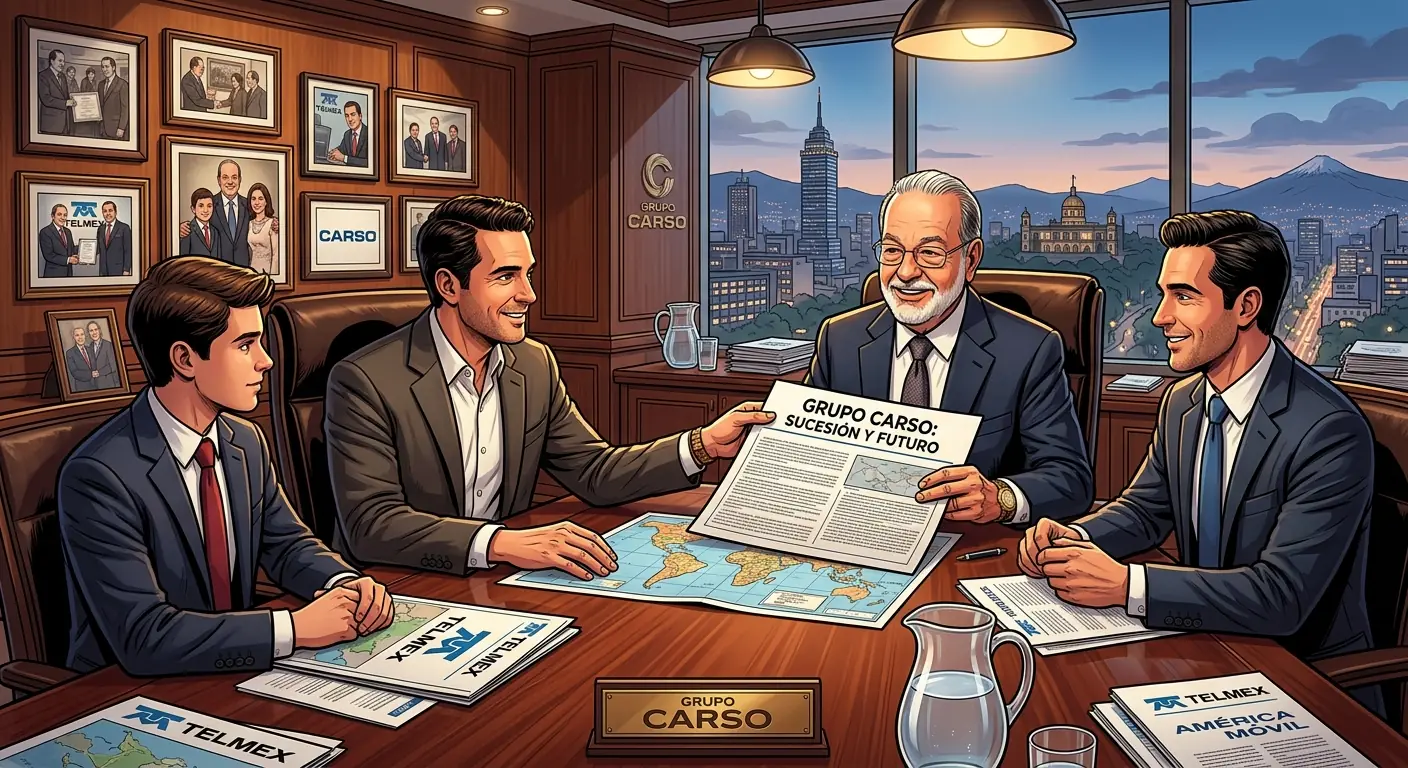 Carlos Slim, older but still sharp, in a boardroom setting with his three sons, suggesting a generational transition of leadership