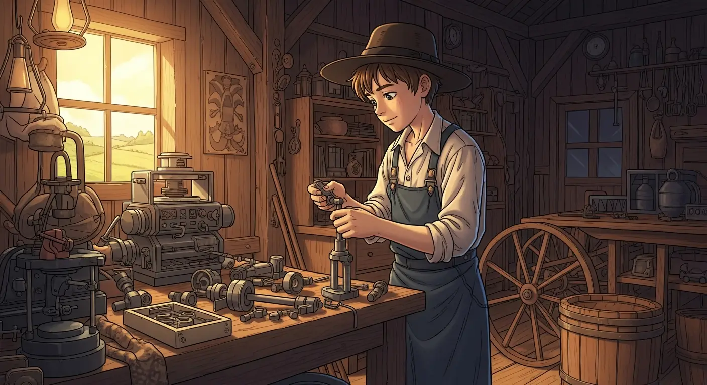 A young man taking apart a pocket watch on a Michigan farm in the 1870s