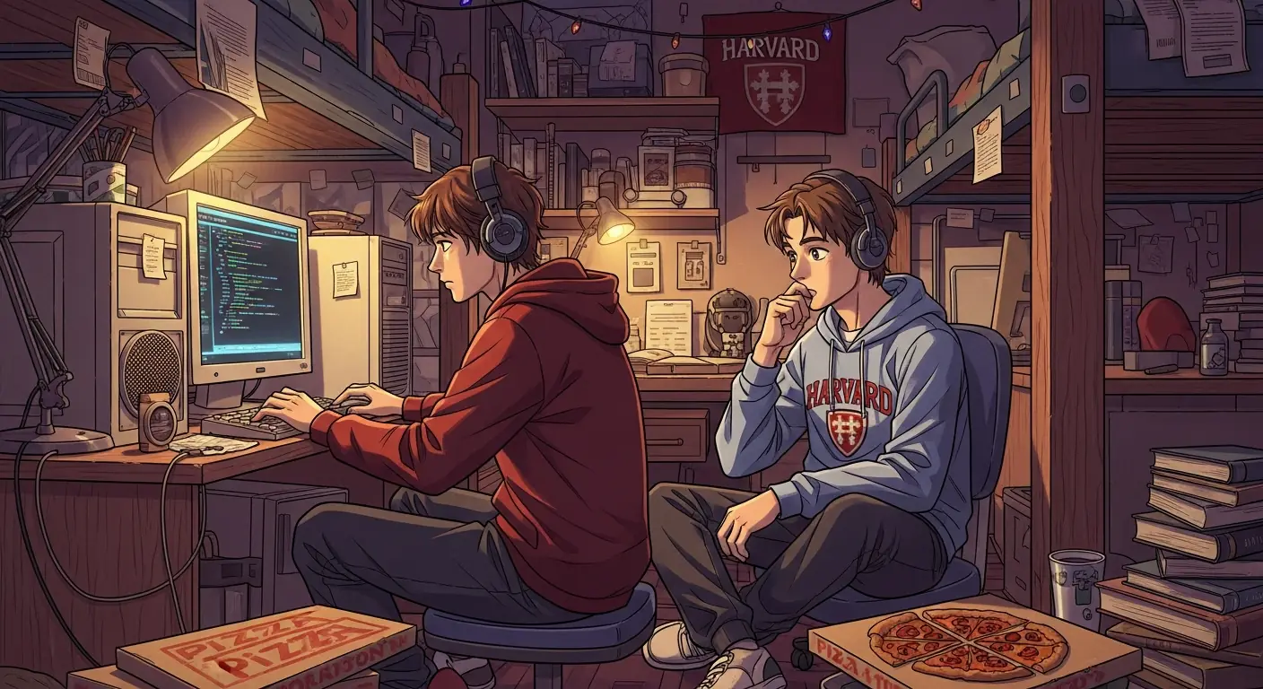 A young programmer working intensely at a computer in a dimly lit dorm room at an elite university