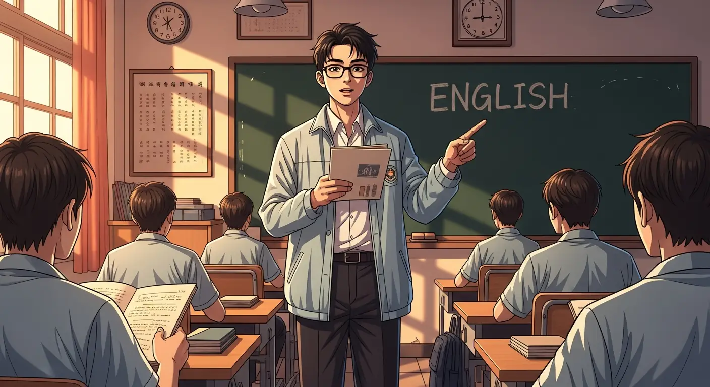 A young man teaching English in a modest Chinese classroom