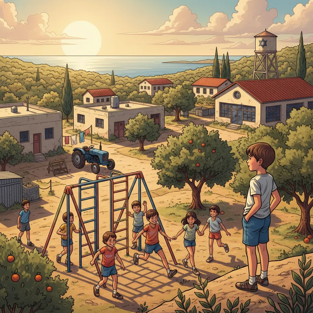 Young man on an Israeli kibbutz with communal buildings in the background