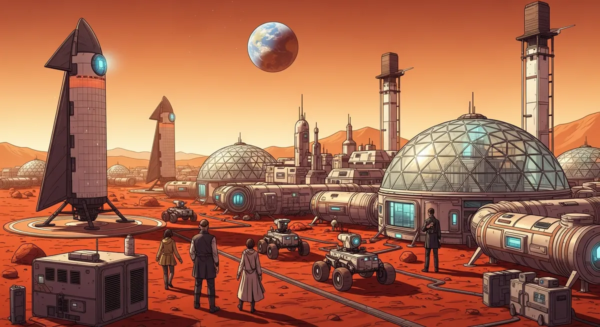 Epic Mars colonization scene — futuristic city with glass domes and SpaceX Starships, Earth visible in the sky