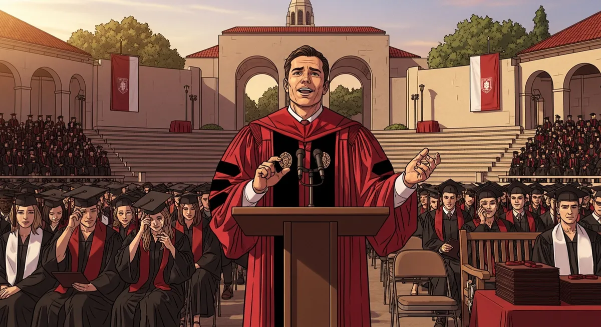 A speaker at a podium addressing thousands of graduates in Stanford Stadium