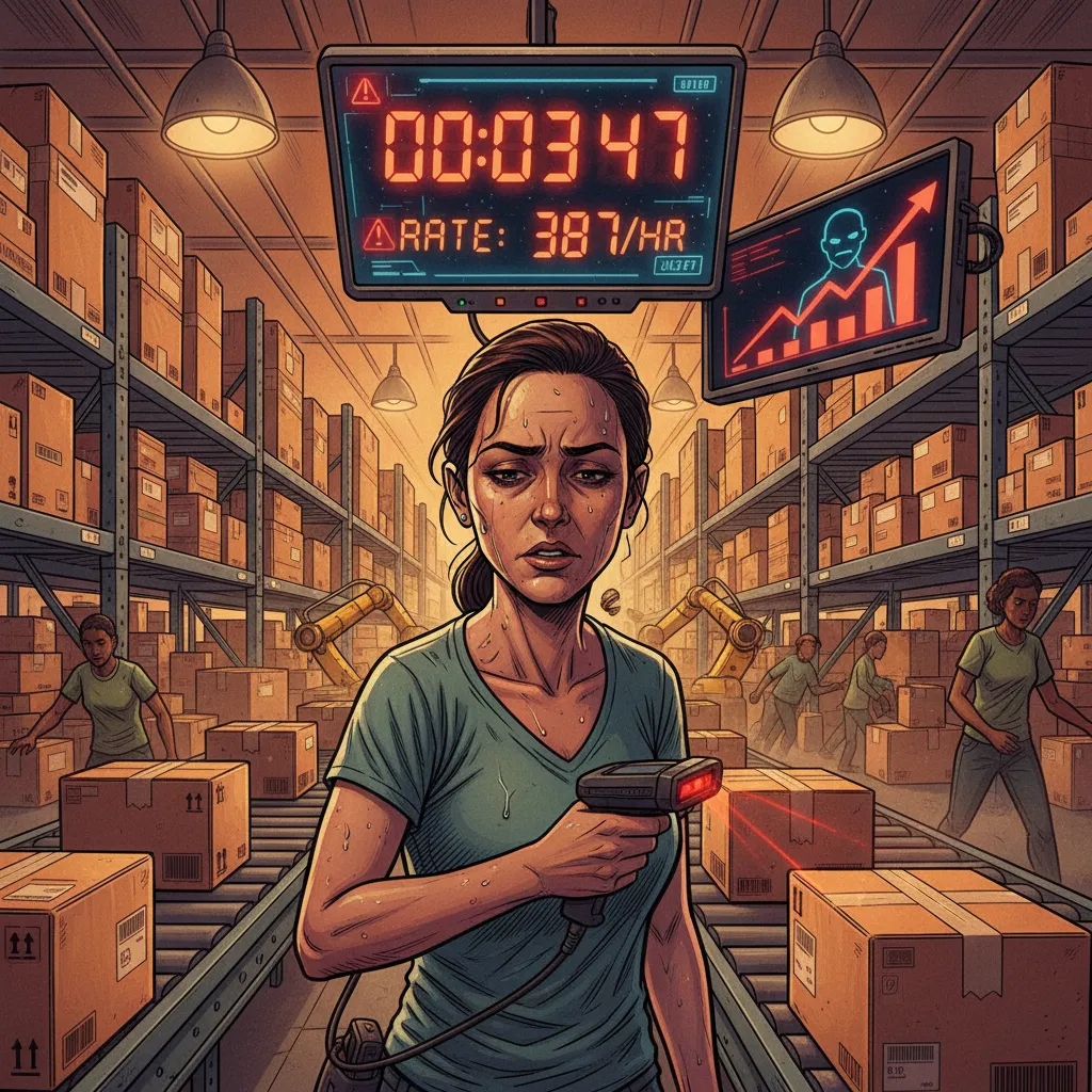 A worker scanning packages under fluorescent lights at a frantic pace — the human side of same-day delivery