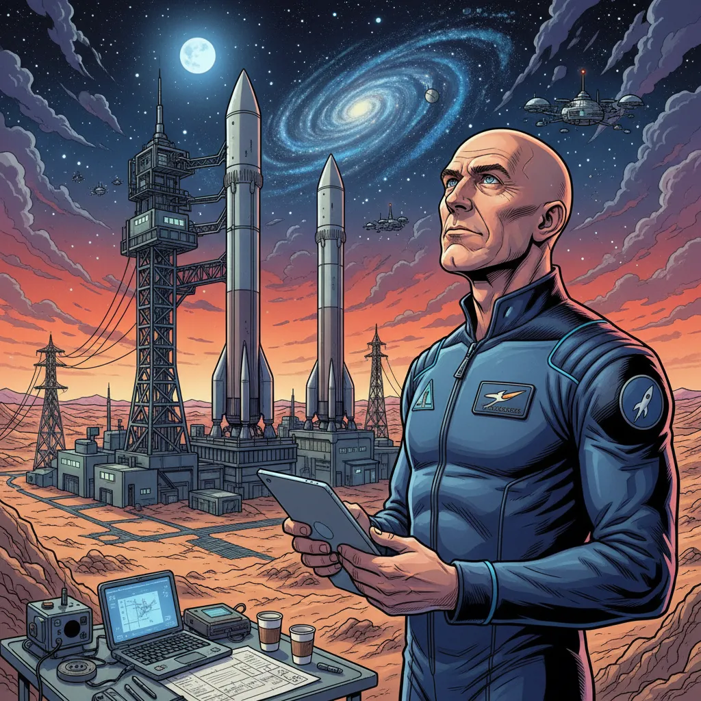 Bezos at a podium with the Blue Origin logo behind him — focused on the long-term future of humanity in space