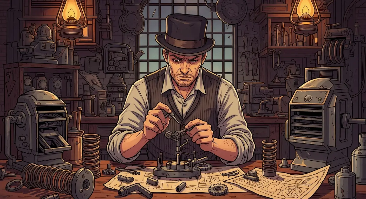 An anxious man in a workshop surrounded by half-built cars and angry investors