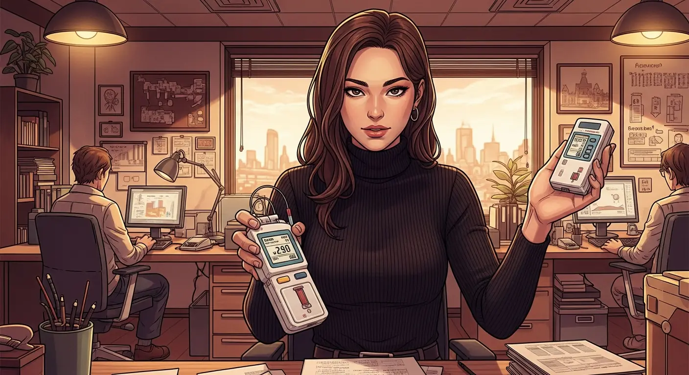 A young CEO presenting a tiny blood-testing device to venture capitalists in a sleek conference room