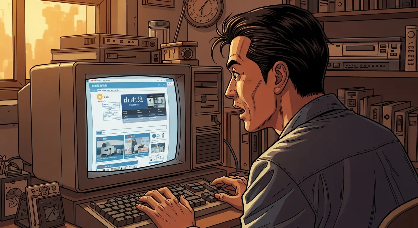 A man staring at a glowing computer screen in wonder in a sparse 1990s office