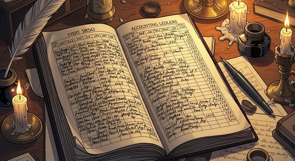 A young man in a modest Cleveland office surrounded by ledger books and oil lamps