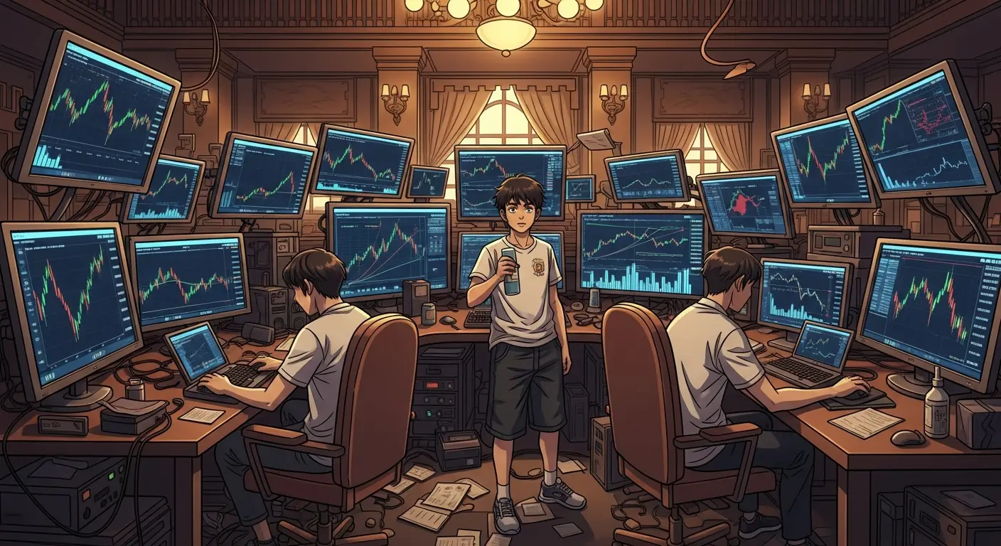 A chaotic trading floor with multiple screens displaying cryptocurrency charts and volatile market data