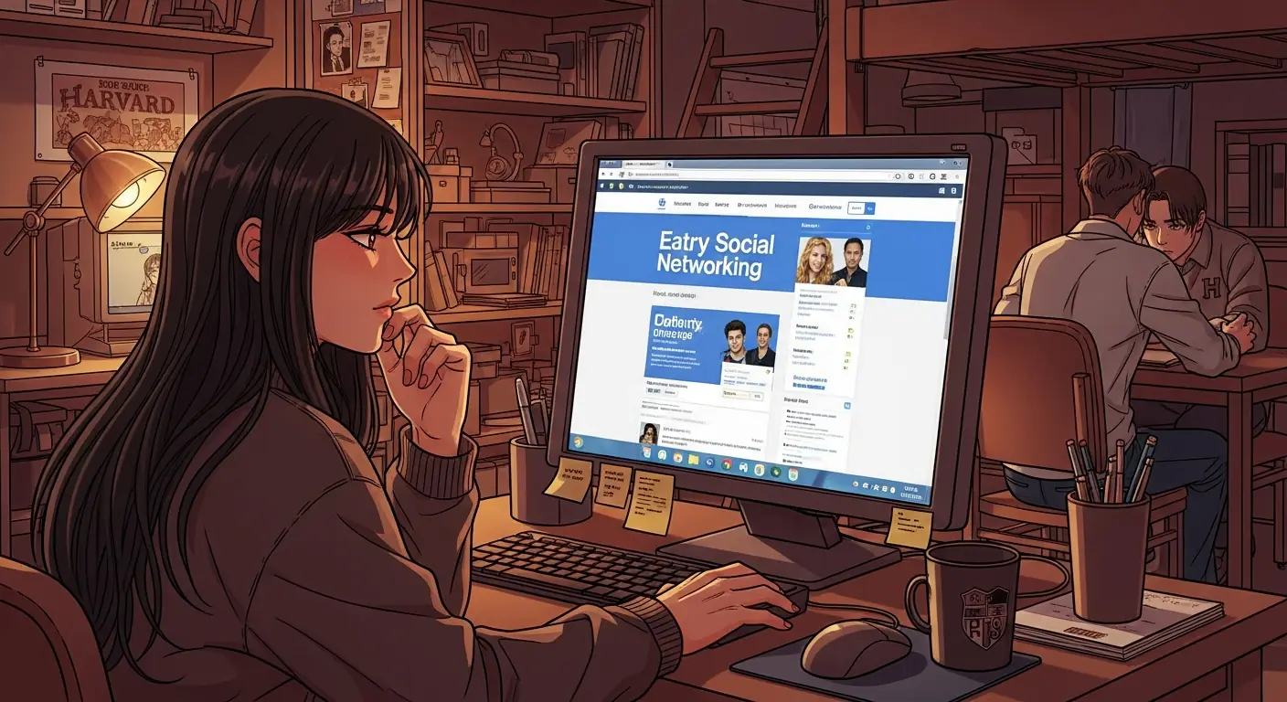 A laptop screen glowing in a dark Harvard dorm room showing a social network interface, with empty Red Bull cans scattered on the desk