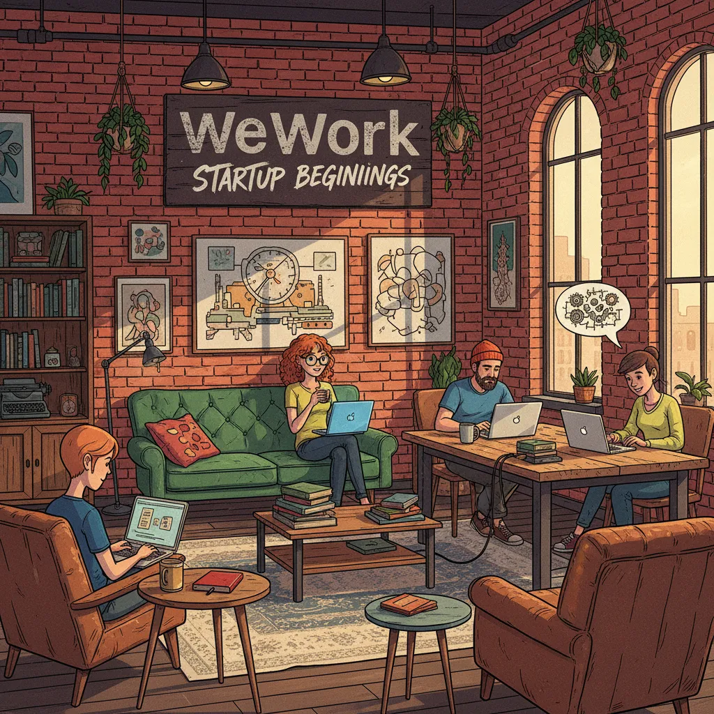 A stylish co-working space with exposed brick, modern furniture, and young professionals