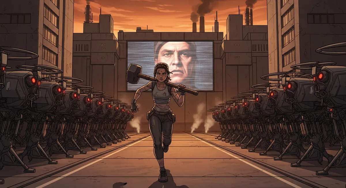 The famous 1984 Macintosh Super Bowl commercial — a woman throws a sledgehammer at a giant screen